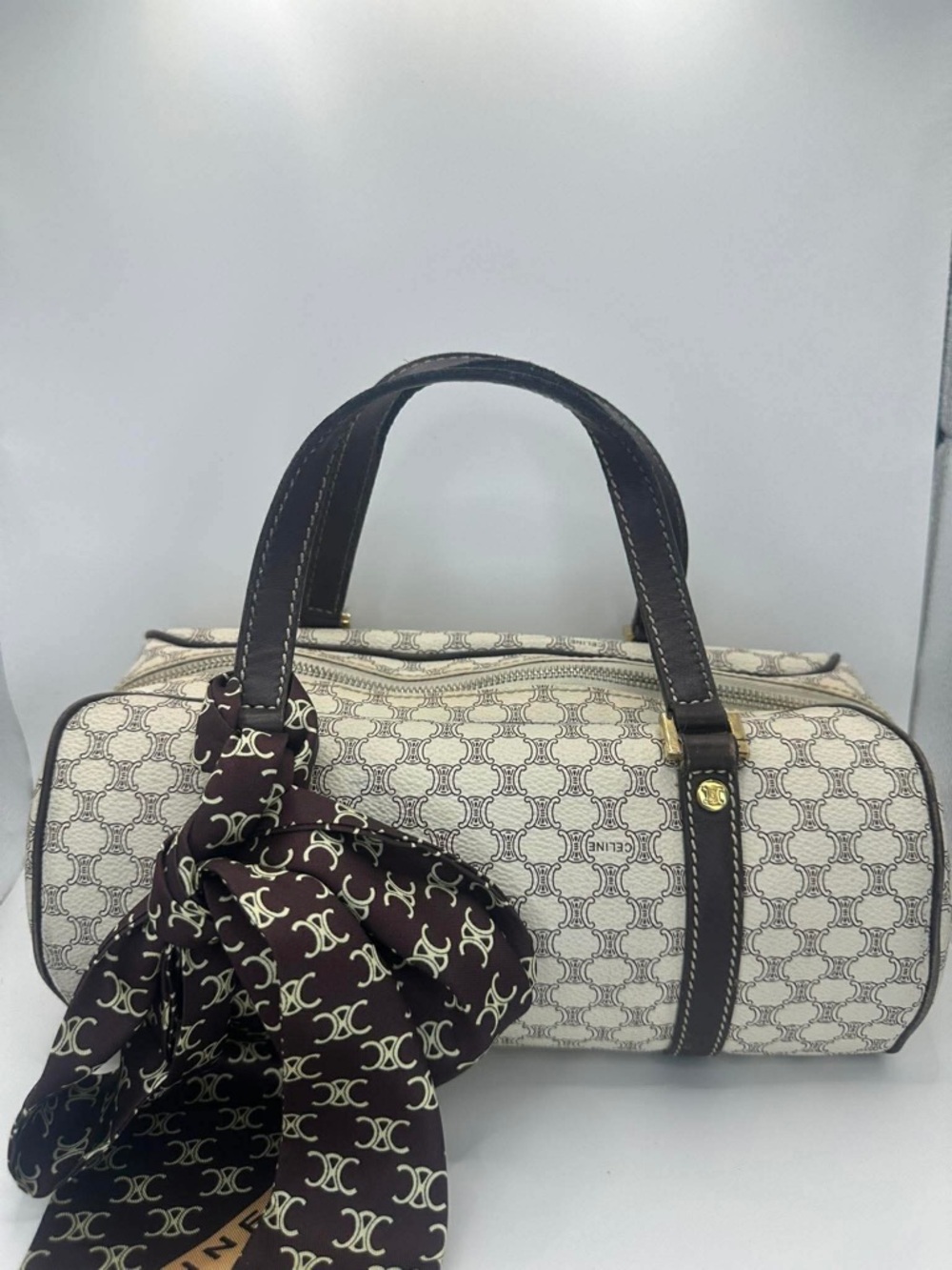 Celine Cream and Brown Monogram Top Handle Bag with Branded Scarf - Picture 10 of 13